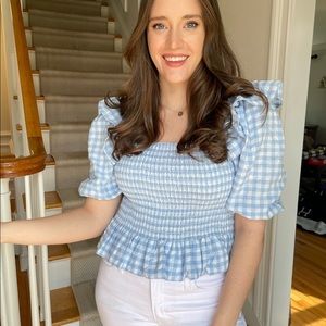 Peplum Blue and White Gingham Top
